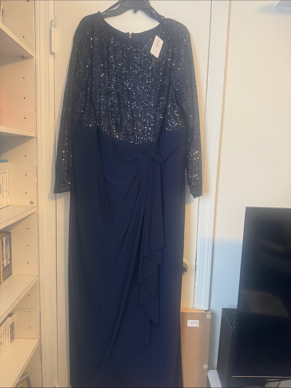 Betsy & Adam Navy Sequin Bodice Long Sleeve Evening Gown